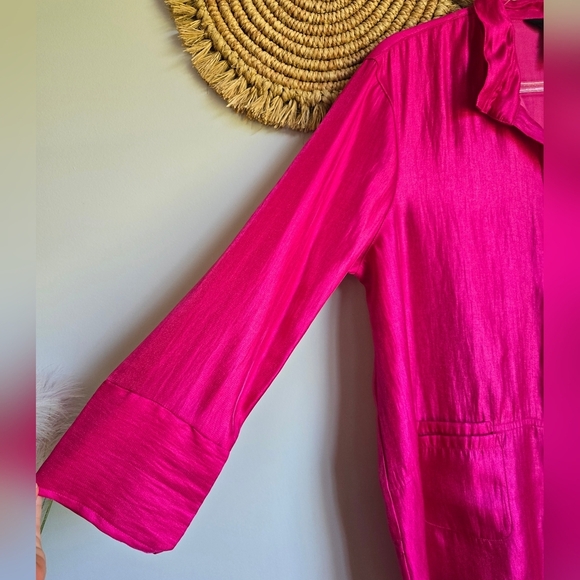 Ali Miles, Pink Woven Shimmer Stand Collar Button Front Pocket Tunic SZ Large - Picture 6 of 13